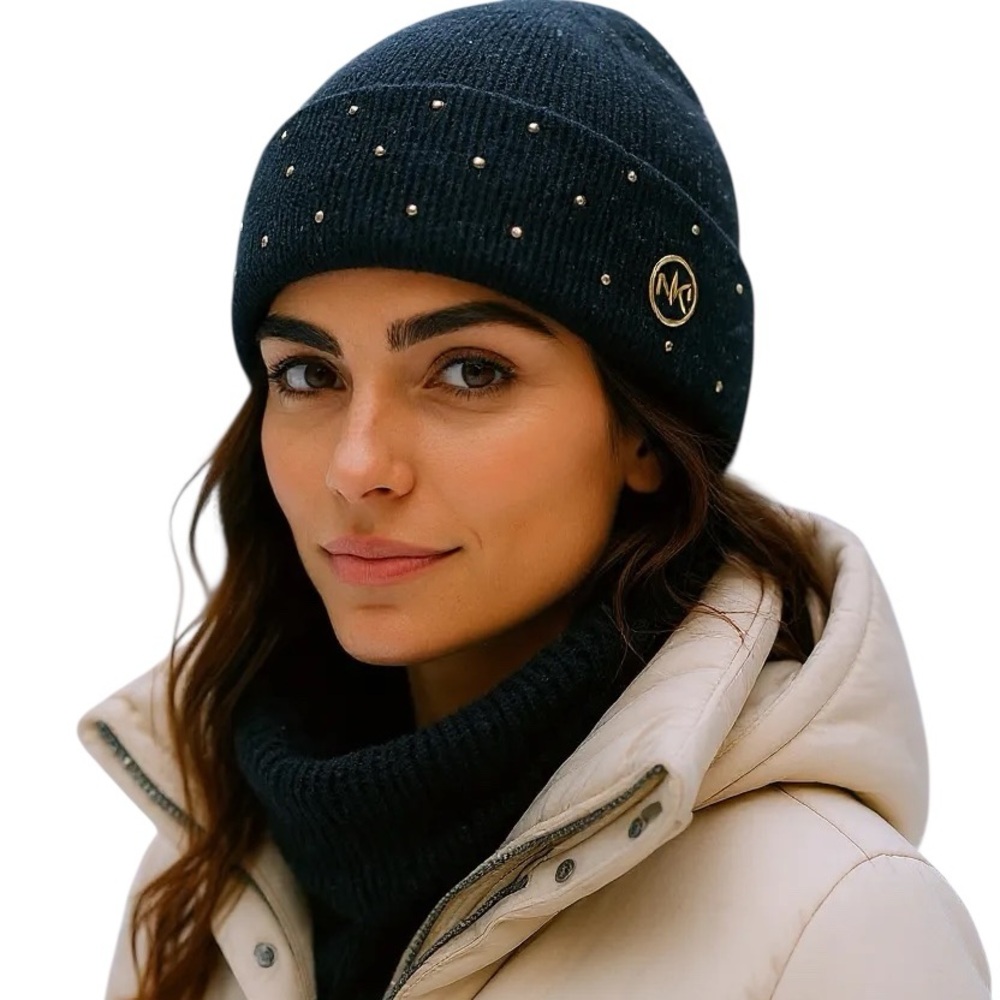 MICHAEL KORS Heather Black Studded Cozy Knit Beanie Logo Medallion Cuff NEW!